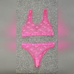Bright Pink See Through Lace Mesh Bralette and Cheeky Panty Lingerie Set SMALL